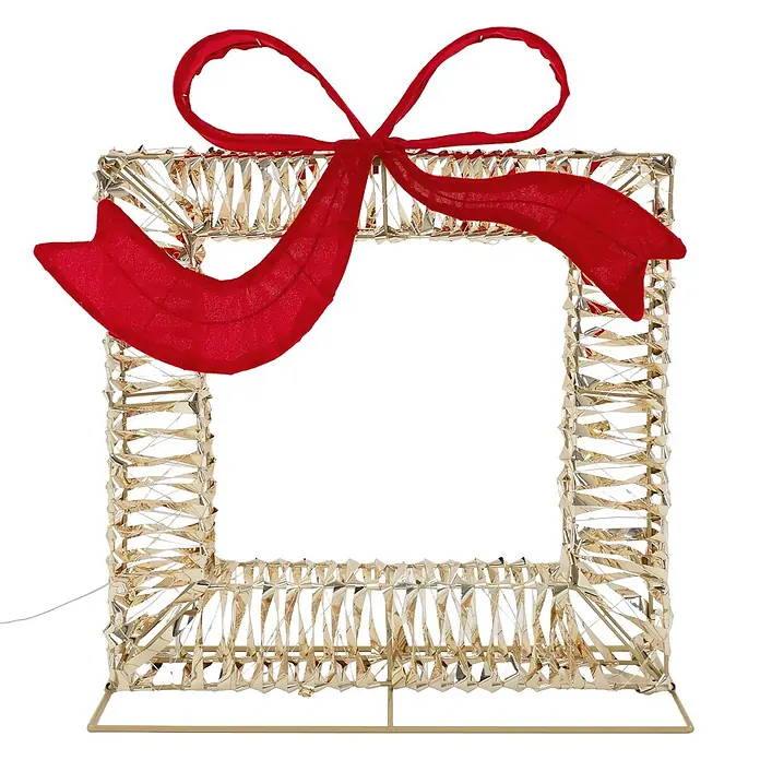 ECD Germany LED Geschenkbox Weihnachten mit Schleife, Weihnachtsdeko -  - Goldene quadratische Geschenkschachtel-Dekoration aus reflektierendem Draht, mit großer roter Stoffschleife. Mit Ständer.