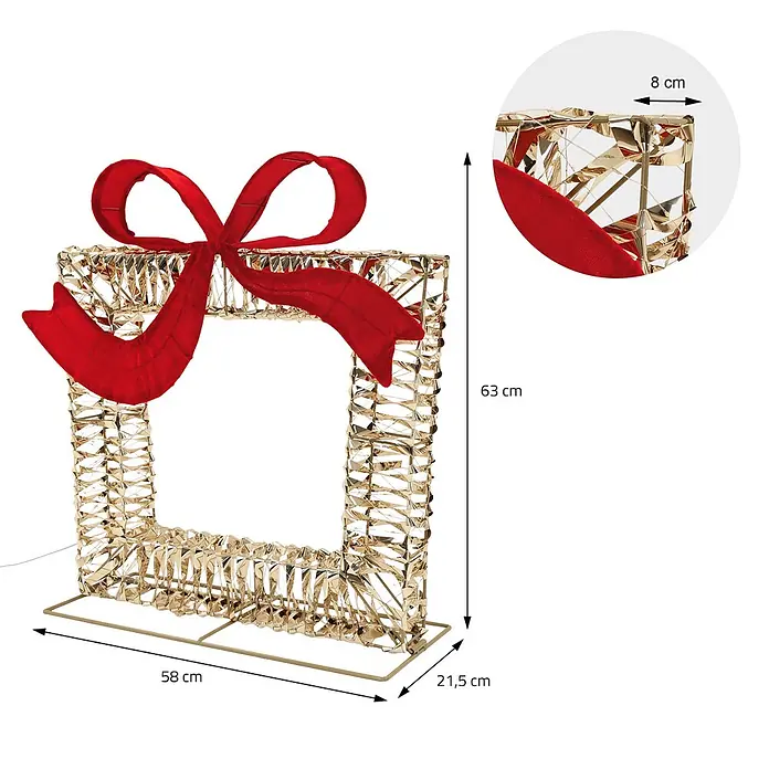 ECD Germany LED-Weihnachtsdekoleuchte Geschenk mit Timer, IP44, 500 LED Warmweiß, 58 x 63 cm - 21,5 x 58 x 63 cm, Gold/Rot, Netzbetrieben, LED - Goldener metallischer hohler Geschenkkastenrahmen mit großer roter Stoffschleife.
