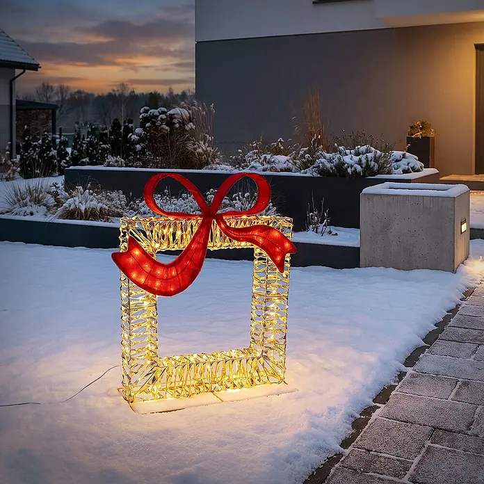 ECD Germany LED Geschenkbox Weihnachten mit Schleife, Weihnachtsdeko -  - Beleuchtete Geschenkbox-Dekoration für den Außenbereich mit warmweißen LEDs und roter Schleife.