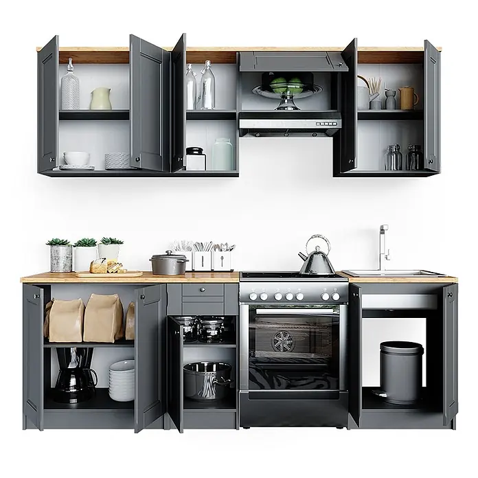 Vicco Küchenzeile Bergamo, Edelgrau, 240 cm -  - Moderne dunkelgraue Küchenschränke mit hellen Holzplatten, integriertem Backofen, Spüle und Geschirr. Offene Türen zeigen Stauraum.