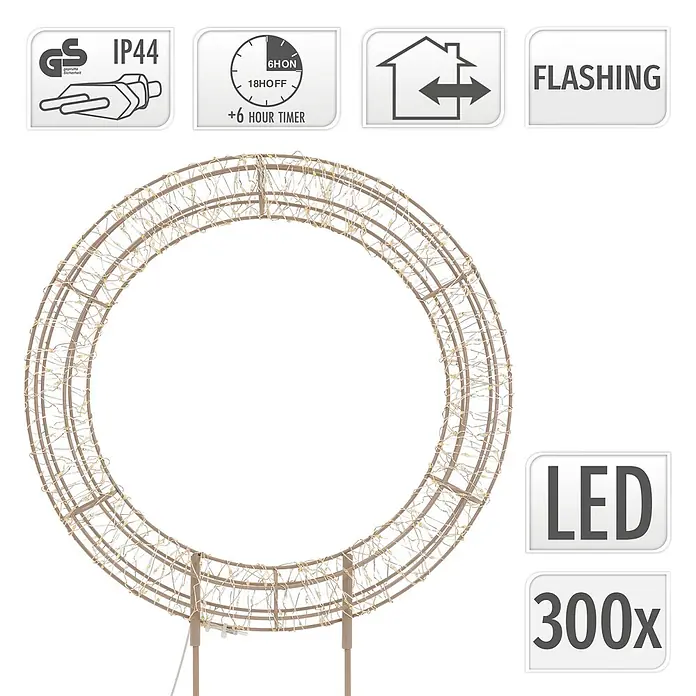ECD Germany LED-Weihnachtsdekofigur Weihnachtskranz 53 cm Weihnachtsbeleuchtung Timer 300 LED Warmweiß - 38 x 8 x 53 cm, Warmweiß, Netzbetrieben, LED - Dekorativer Lichterring mit braunem Rahmen und 300 warmweißen LEDs, für Innen- und Außennutzung, mit 6-Stunden-Timer und Blinkfunktion.