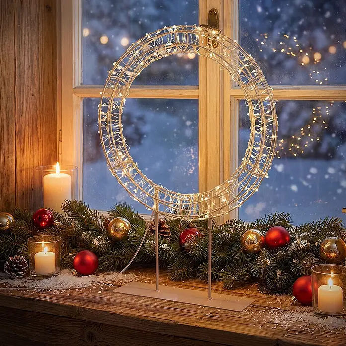 ECD Germany LED-Weihnachtsdekofigur Weihnachtskranz 53 cm Weihnachtsbeleuchtung Timer 300 LED Warmweiß - 38 x 8 x 53 cm, Warmweiß, Netzbetrieben, LED - Ein schimmernder LED-Lichterring aus Silberdraht mit warmweißen Lichtern steht auf einer festlichen, schneebedeckten Fensterbank mit Grün und Kerzen.