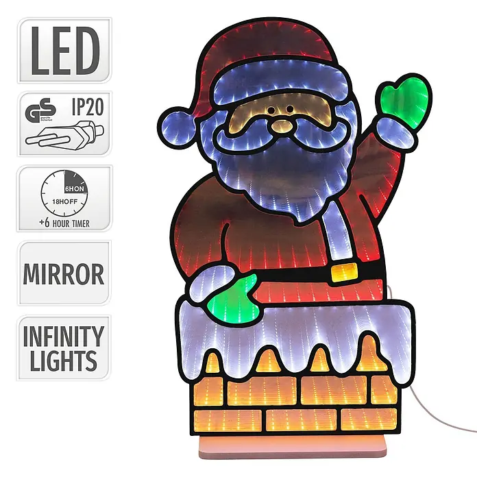 ECD Germany Weihnachtsdeko Weihnachtsmann LED Infinity Mirror 3D-Effekt -  - LED Weihnachtsmann-Deko mit Unendlichkeitslichteffekt auf einem Schornstein.