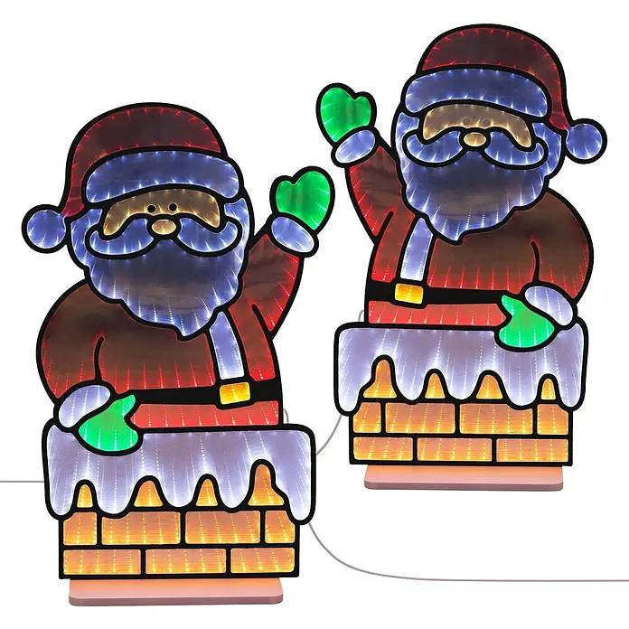 ECD Germany LED-Weihnachtsdekofigur Weihnachtsmann 3D Spiegel Lichterkette mit Timer 38x60 cm - 38 x 15 x 60 cm, Bunt, LED - Zwei beleuchtete Weihnachtsmann-Figuren mit roten Mützen, blauen Bärten, grünen Handschuhen und goldenen Gesichtern/Gürteln, die aus verschneiten Schornsteinen ragen.