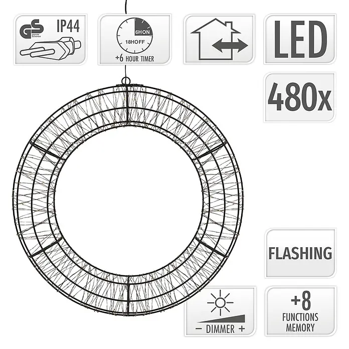 ECD Germany LED Weihnachtskranz Ø38 cm mit Lichterkette 480 LEDs -  - Großer dunkler Metallring mit 480 LED-Lichtern für Innen/Außen, mit Timer, Dimmer und 8 Funktionen.
