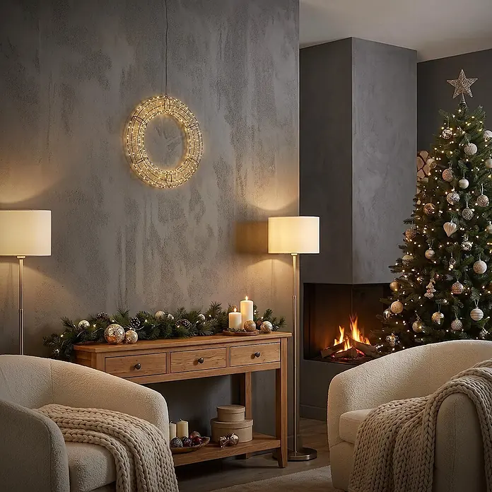 ECD Germany LED Weihnachtskranz Ø38 cm mit Lichterkette 480 LEDs -  - Ein goldener Drahtkranz mit warmweißen LED-Lichtern hängt an einer dunklen Wand und sorgt für festliche Stimmung.