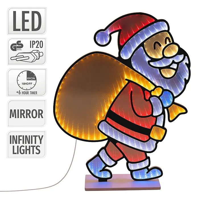 ECD Germany Weihnachtsdeko Weihnachtsmann 3D-Effekt LED Infinity Mirror -  - LED Weihnachtsmann-Unendlichkeitslicht-Deko mit Spiegeleffekt und 6h-Timer in Rot, Weiß, Gold, Blau.