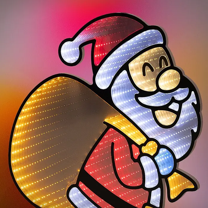 ECD Germany Weihnachtsdeko Weihnachtsmann 3D-Effekt LED Infinity Mirror -  - Beleuchtete Weihnachtsmann-LED-Dekoration mit Unendlichkeitsspiegel-Effekt in Rot, Weiß und Gold.