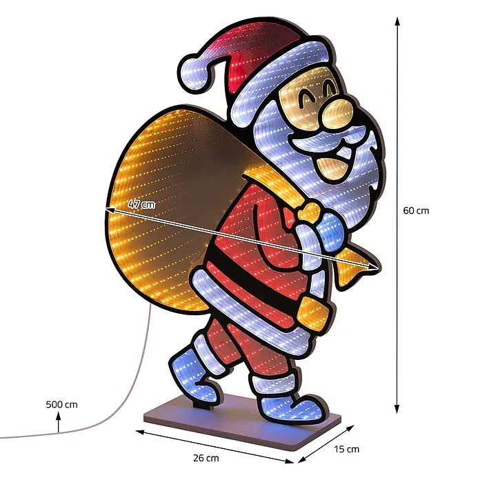 ECD Germany Weihnachtsdeko Weihnachtsmann 3D-Effekt LED Infinity Mirror -  - 60 cm hohe LED-Weihnachtsmann-Dekoration mit buntem Infinity-Spiegel-Effekt und Geschenksack.
