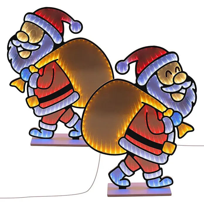 ECD Germany Weihnachtsdeko Weihnachtsmann 3D-Effekt LED Infinity Mirror -  - Zwei beleuchtete Weihnachtsmann-Figuren mit Unendlichkeitsspiegel-Effekt, Säcken, in Rot, Weiß, Gelb, Blau.
