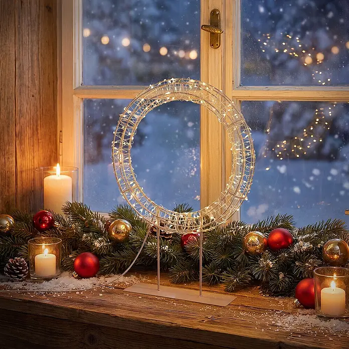 ECD Germany LED Weihnachtskranz 41,5 cm, Weihnachtsdeko mit Lichterkette -  - Beleuchteter Drahtring mit warmweißen LEDs auf festlicher Fensterbank mit Tannengrün und Kugeln.