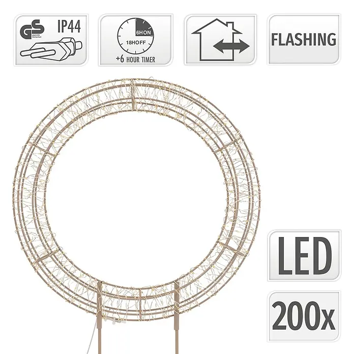 ECD Germany LED Weihnachtskranz 41,5 cm, Weihnachtsdeko mit Lichterkette -  - Große runde LED-Lichtdekoration mit hellem Metallrahmen und 200 warmweißen LEDs. IP44-zertifiziert, mit Timer und Blinkfunktion für Innen/Außen.