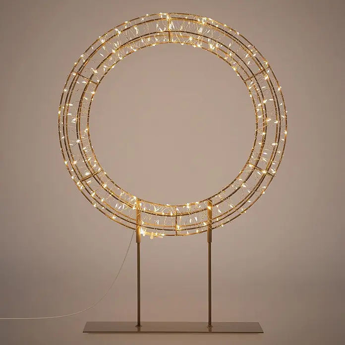 ECD Germany LED Weihnachtskranz 41,5 cm, Weihnachtsdeko mit Lichterkette -  - Goldene ringförmige LED-Lichtdekoration aus Metall mit warmweißen Lichtern auf einem Ständer.