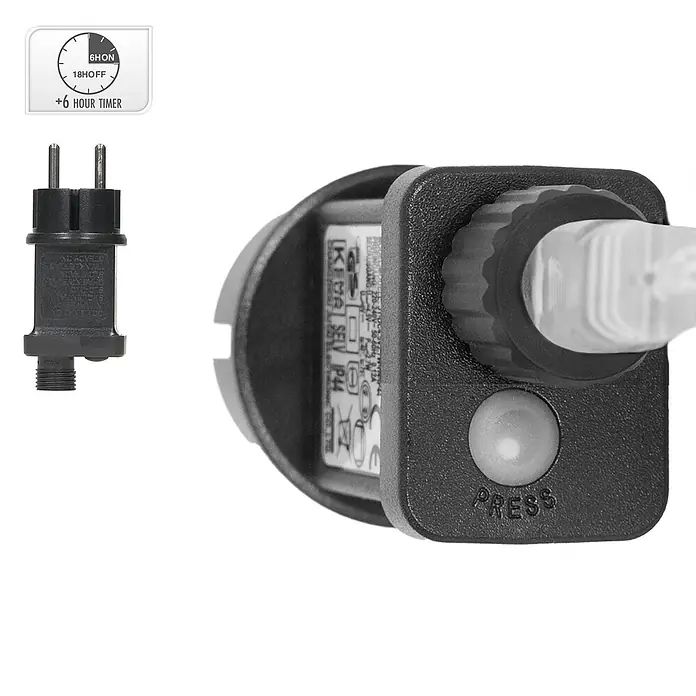 ECD Germany LED Weihnachtskranz 41,5 cm, Weihnachtsdeko mit Lichterkette -  - Schwarzer Netzadapter/Transformator mit 6-Stunden-Timer (6h EIN/18h AUS) und "PRESS"-Taste, daneben ein zweipoliger Stecker. IP44.