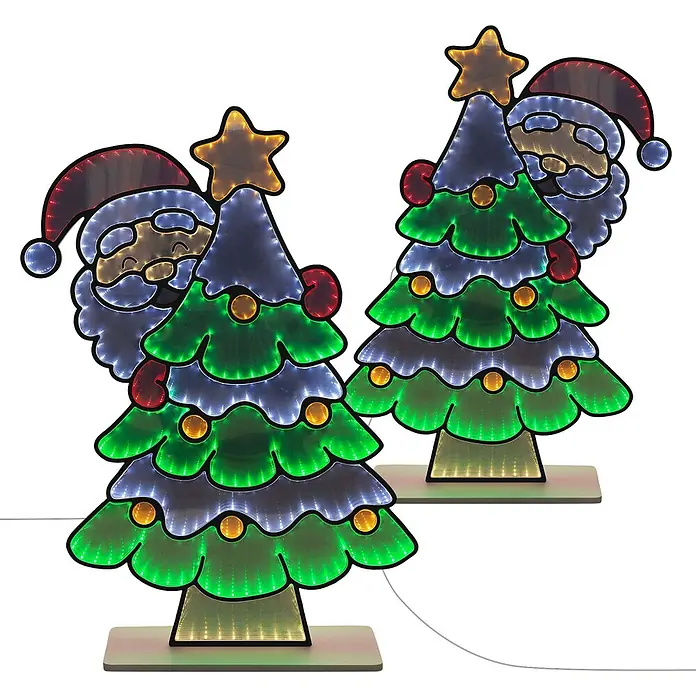 ECD Germany LED-Weihnachtsdekofigur Weihnachtsbaum 3D Spiegel Lichterkette mit Timer 58x80 cm - 58 x 18 x 80 cm, Bunt, LED - Zwei LED-Infinity-Spiegel-Weihnachtsdekorationen mit Weihnachtsmann und Weihnachtsbaum mit Stern, rot, grün, weiß und gelb beleuchtet, auf Sockeln stehend mit Kabeln.