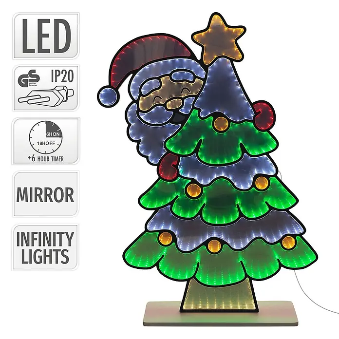 ECD Germany LED-Weihnachtsdekofigur Weihnachtsbaum 3D Spiegel Lichterkette mit Timer 58x80 cm - 58 x 18 x 80 cm, Bunt, LED - LED-Weihnachtsdekoration mit Weihnachtsmann und Tannenbaum, mit Unendlichkeitsspiegel-Beleuchtung und Timer.