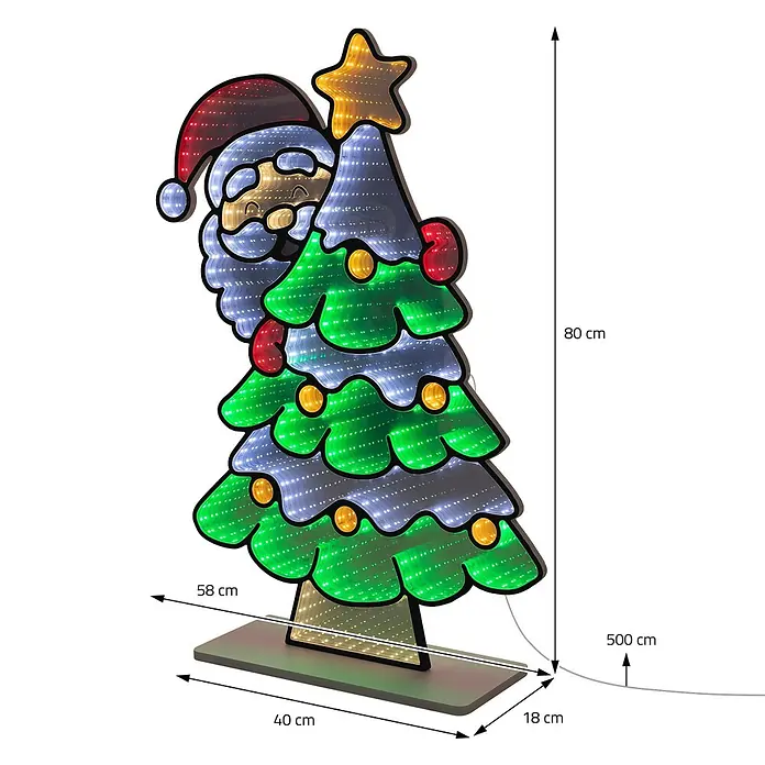 ECD Germany Weihnachtsdeko Weihnachtsbaum LED Infinity Mirror 3D-Effekt -  - Mehrfarbige LED-Weihnachtsdekoration: Weihnachtsmann hinter einem Baum auf Sockel, 80 cm hoch.