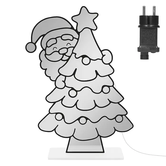 ECD Germany Weihnachtsdeko Weihnachtsbaum LED Infinity Mirror 3D-Effekt -  - Beleuchtete Weihnachtsdekoration: Weihnachtsmann lugt hinter einem Baum mit Stern und Kugeln hervor, auf weißem Sockel, inkl. Stecker.