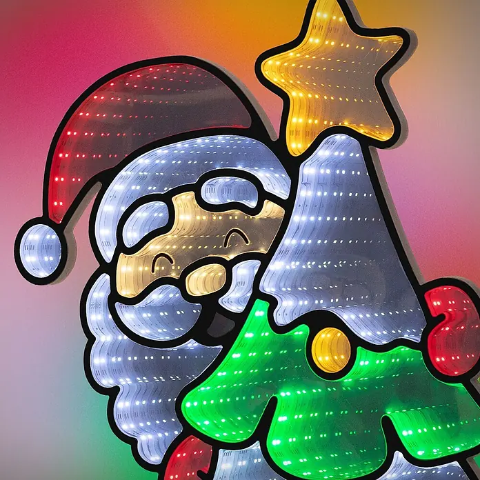 ECD Germany LED-Weihnachtsdekofigur Weihnachtsbaum 3D Spiegel Lichterkette mit Timer 58x80 cm - 58 x 18 x 80 cm, Bunt, LED - LED-Weihnachtsmann-Dekoration mit Unendlichkeitsspiegel-Effekt, hält grünen Weihnachtsbaum mit gelbem Stern, mit roten, weißen, gelben und grünen Lichtern.