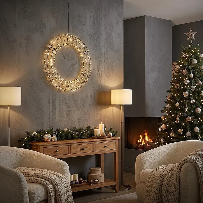 ECD Germany LED-Weihnachtsdekofigur Weihnachtskranz Ø58cm Hängekranz Weihnachtsbeleuchtung 840LED Warmweiß - 58 x 6,5 x 58 cm, Warmweiß, LED - Ein beleuchteter goldener Drahtkranz hängt an einer dunkelgrauen Wand in einem festlichen Wohnzimmer.