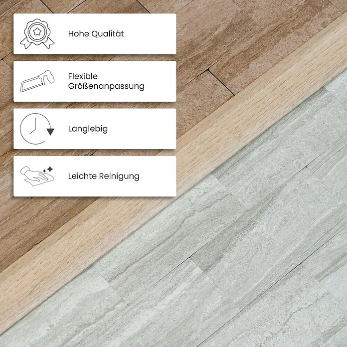 Dalsys Abschlussleiste 90cm Übergangsleiste selbstklebend 40mm Champagner -  - Helles Übergangsprofil in Holzoptik, das braune und graue Bodenfliesen trennt.