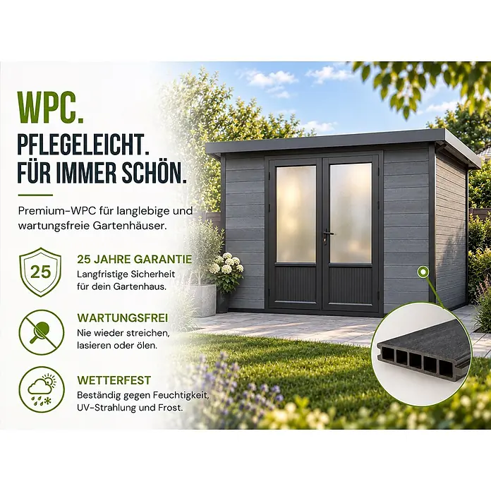 WPC Gartenhaus  Style DeLuxe 8,4 m² in moderner Holzoptik -  - Ein dunkelgraues WPC-Gartenhaus mit Doppeltüren, das die Langlebigkeit und Wartungsfreiheit des Materials hervorhebt.