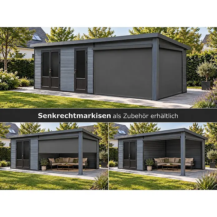 WPC Gartenhaus  Style DeLuxe 2-Raum mit Lounge, 20.76 m² Grundfläche -  - Gartenpavillon mit dunkelgrauen Senkrechtmarkisen, ausgefahren, teilweise ausgefahren und eingefahren dargestellt, als Sichtschutz-Zubehör.