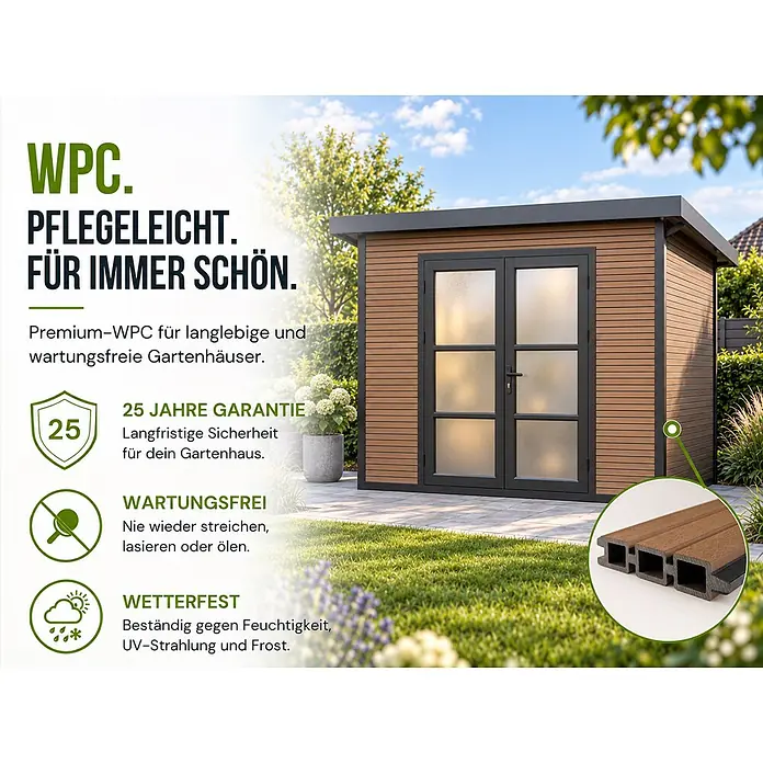 Fjordholz Gartenhaus FineLine 8,4 m² Teak - Außenmaß inkl. Dachüberstand (B x T): 322 x 325 cm, Aluminium, Teak / Nussbaum - Braunes WPC-Gartenhaus, langlebig und wartungsfrei, mit Fokus auf Wetterbeständigkeit und Pflegeleichtigkeit.