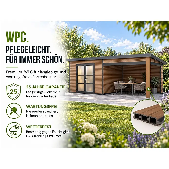 WPC Gartenhaus mit Lounge  FineLine 16,90 m² Teak -  - Braunes WPC-Gartenhaus mit integrierter Terrasse, langlebig, pflegeleicht und wetterfest.