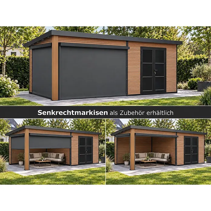 WPC Gartenhaus mit Lounge  FineLine 16,90 m² Teak -  - Gartenlounge mit dunkelgrauen, ausziehbaren Senkrechtmarkisen, offen und geschlossen gezeigt.