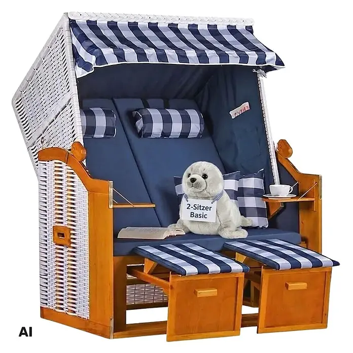 Mr. Deko Strandstuhl - 1 Stk., Wacholder, Rückenlehne verstellbar, blau, B x T x H: 120 x 80 x 160 cm - Weißer Strandkorb für 2 Personen aus Holz und Korbgeflecht, mit blau-weiß gestreifter Markise, blauen und karierten Kissen, und ausziehbaren Fußstützen.