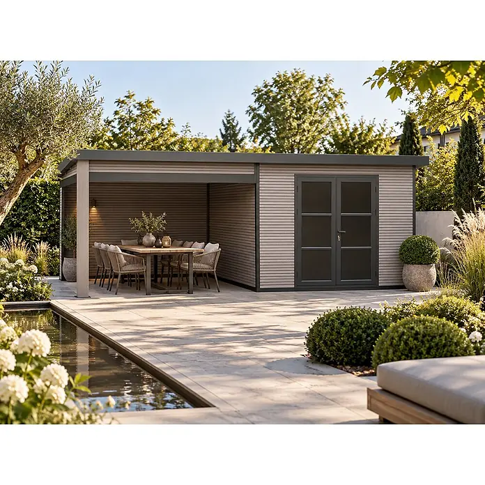 WPC Gartenhaus mit Lounge  FineLine 16,90 m² Grau -  - Modernes Gartenhaus mit integrierter überdachter Terrasse, heller Holzfassade und dunkelgrauem Rahmen, bietet einen Essbereich.