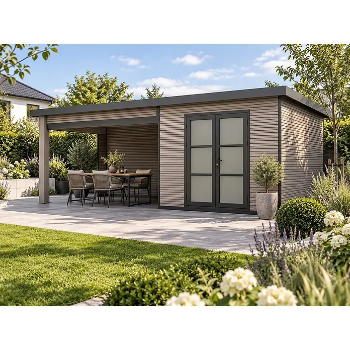 WPC Gartenhaus mit Lounge  FineLine 16,90 m² Grau -  - Modernes Gartenhaus mit integrierter Pergola, heller Holzoptik-Verkleidung und dunkelgrauen Akzenten für stilvolles Wohnen und Lagern im Freien.