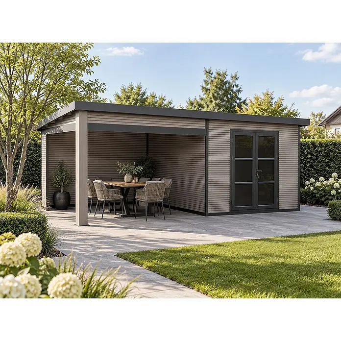 WPC Gartenhaus + Lounge  FineLine 16,90 m² Grau -  - Moderner Gartenhaus mit integrierter Terrasse, grauen Verbundplatten und dunklen Zierleisten.