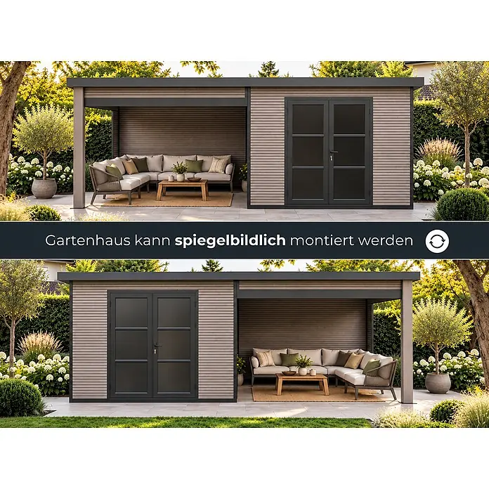 WPC Gartenhaus mit Lounge  FineLine 16,90 m² Grau -  - Gartenhaus mit Lounge-Bereich und Doppeltür, spiegelbildlich montierbar, in Gartenumgebung.