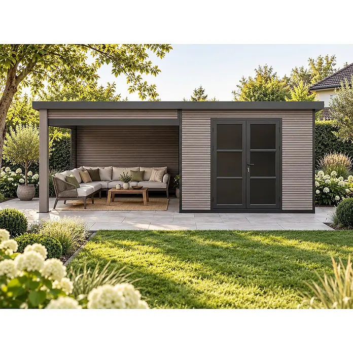 WPC Gartenhaus + Lounge  FineLine 16,90 m² Grau -  - Moderner Gartenpavillon mit integriertem Geräteschuppen und Loungebereich, helle Holzoptik, dunkle Akzente, im Garten.