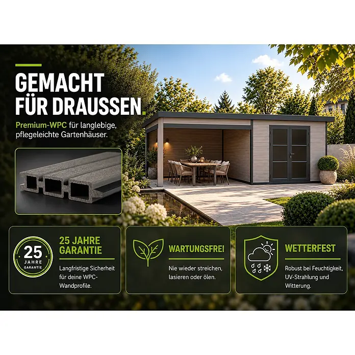 WPC Gartenhaus mit Lounge  FineLine 16,90 m² Grau -  - Outdoor-Gartenhaus aus langlebigem, wetterfestem WPC. Detailaufnahme zeigt Verbundprofil.