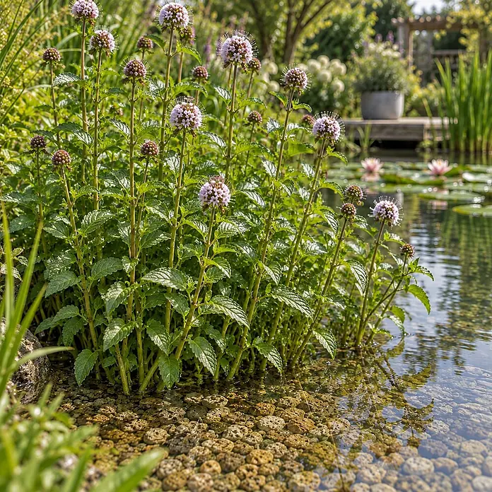 Vdvelde Wasserminze Mentha Aquatica Teich - 4 Pflanzen Set Duftend mit Korb & Substrat -  - Wasserminze-Pflanzen mit hellvioletten Blüten wachsen im Teich, Wurzeln im Wasser und sichtbare Steine.