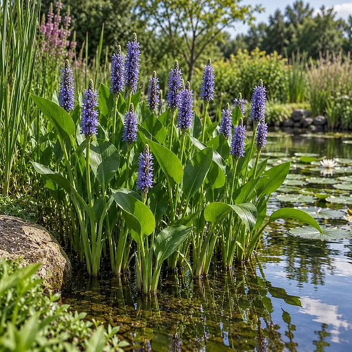 Vdvelde Hechtkraut Pontederia Cordata Teichpflanze - 4 Pflanzen Set mit Korb & Substrat -  - Violette Hechtkrautpflanzen mit grünen Blättern und blauen Blütenähren wachsen in einem Teich, im Wasser gespiegelt.