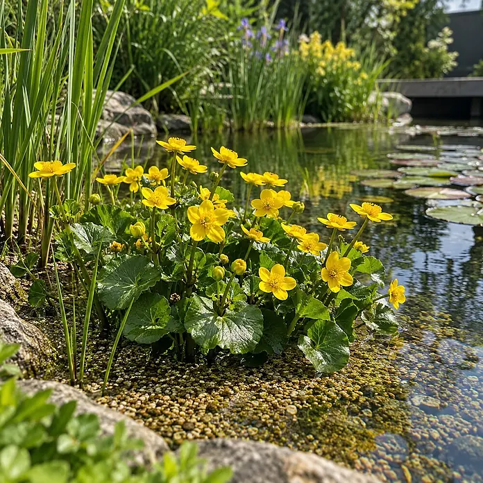 Vdvelde Sumpfdotterblume Caltha Palustris Teich - 4 Pflanzen Set mit Korb & Substrat -  - Leuchtend gelbe Sumpfdotterblumen blühen am klaren Teichrand mit Kies, umgeben von grünen Wasserpflanzen.