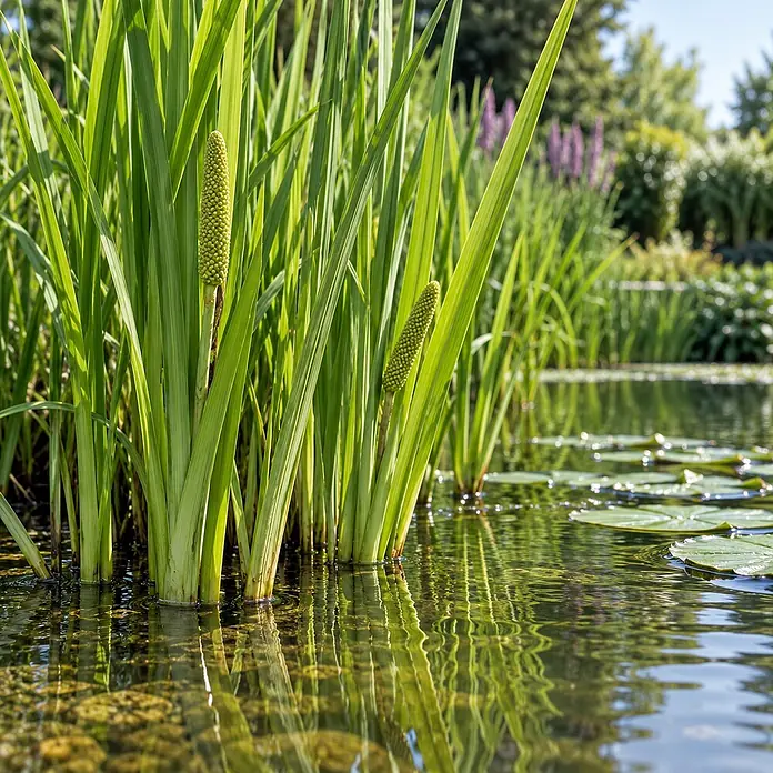 Kalmus Acorus Calamus Variegatus Teich - 4 Pflanzen Set mit Korb & Substrat -  - Grüne Wasserpflanzen mit stacheligen Samenständen wachsen in klarem Wasser.
