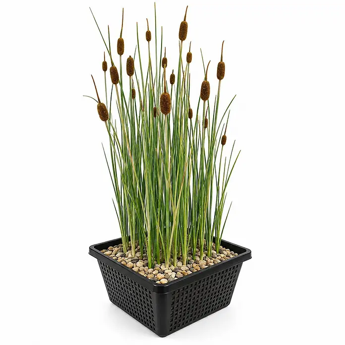 Vdvelde Rohrkolben - Typha minima - Künstliche Rohrkolben mit grünen Stielen und braunen Blütenständen, arrangiert in einem schwarzen rechteckigen Pflanzgefäß mit Zierkies.