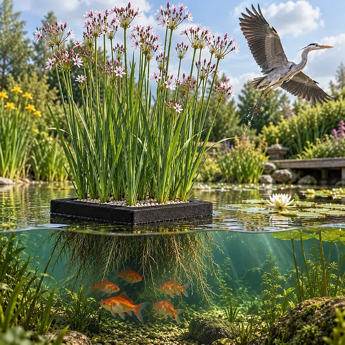 Schwimmende Pflanzeninsel mit Schwanenblume - 4 Wasserpflanzen winterhart -  - Quadratische, dunkle schwimmende Teichpflanzinsel mit Pflanzen. Wurzeln hängen ins Wasser, wo Fische schwimmen.
