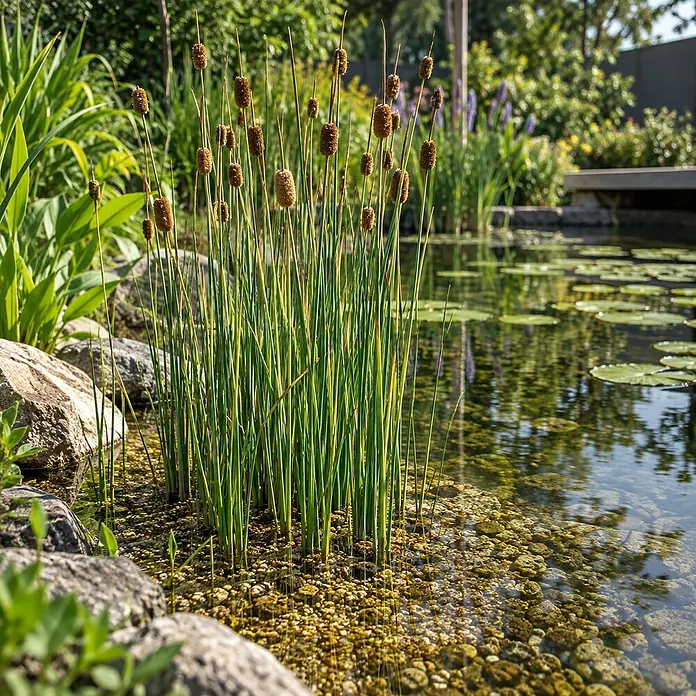 Vdvelde Rohrkolben - Typha minima - Üppige grüne Teichpflanzen mit braunen Samenköpfen im klaren Wasser.