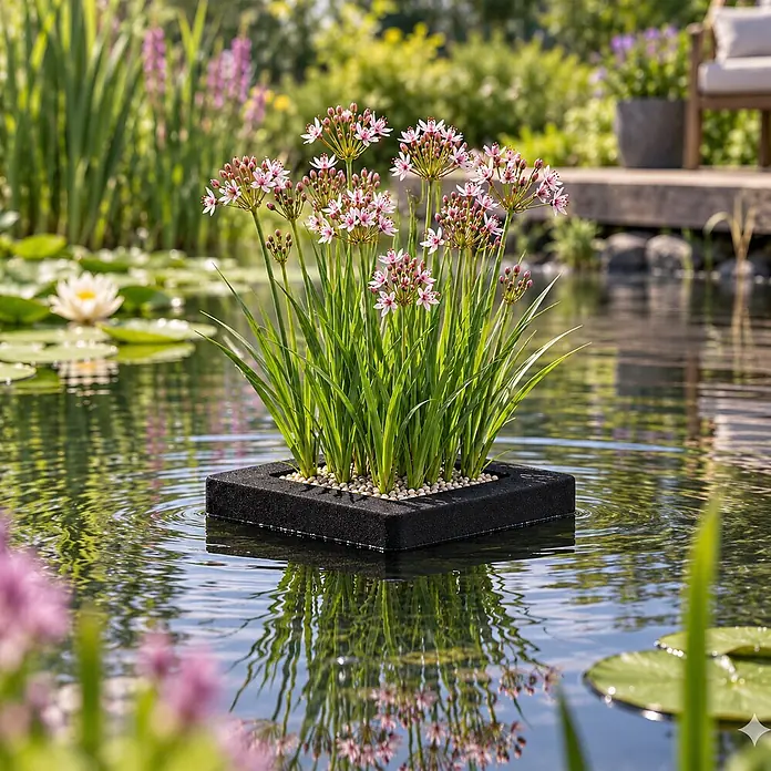 Schwimmende Pflanzeninsel mit Schwanenblume - 4 Wasserpflanzen winterhart -  - Schwarze, rechteckige, schwimmende Pflanzeninsel in einem Teich, mit rosafarbenen Wasserpflanzen und weißen Kieselsteinen.