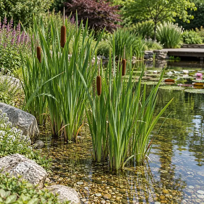 Vdvelde Rohrkolben Typha Latifolia Teichpflanze - 4 Pflanzen Set mit Korb & Substrat -  - Üppige grüne Rohrkolben mit braunen, zylindrischen Blütenständen wachsen in einem klaren, kiesigen Teich.
