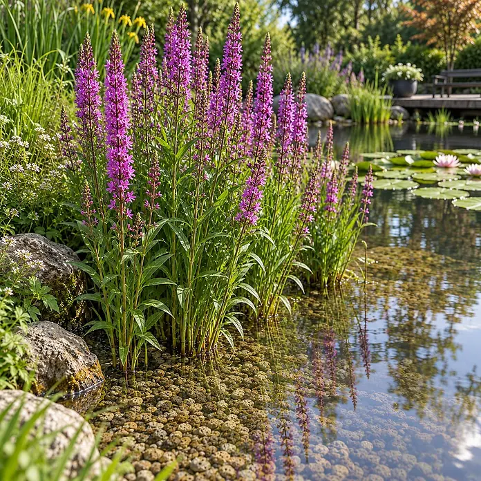 Vdvelde Blutweiderich Lythrum Salicaria Teichpflanze - 4 Pflanzen mit Korb & Substrat -  - Lila blühende Teichpflanzen im Flachwasser mit sichtbarem porösem Kiessubstrat.