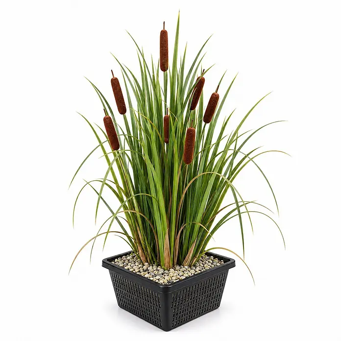Vdvelde Rohrkolben Typha Latifolia Teichpflanze - 4 Pflanzen Set mit Korb & Substrat -  - Künstliche Rohrkolben mit grünen Blättern und braunen Ähren in einem schwarzen Korb mit Kieselsteinen.