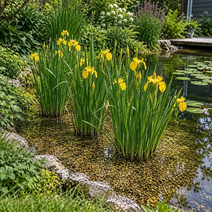Vdvelde Gelbe Schwertlilie Iris Pseudacorus Teich - 4 Pflanzen Set mit Korb & Substrat -  - Gelbe Schwertlilien mit grünem Laub wachsen in einem klaren Teich mit Kieselboden, umgeben von üppigen Gartenpflanzen.