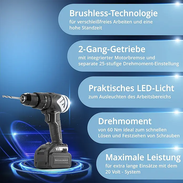 STAHLWERK Akku-Schlagbohrschrauber ASB-20 ST Brushless mit 1 x 4 Ah Akku -  - Schwarz-grauer Akku-Bohrschrauber mit bürstenloser Technologie, 2-Gang-Getriebe, LED-Licht, 60 Nm Drehmoment und 20V-System.